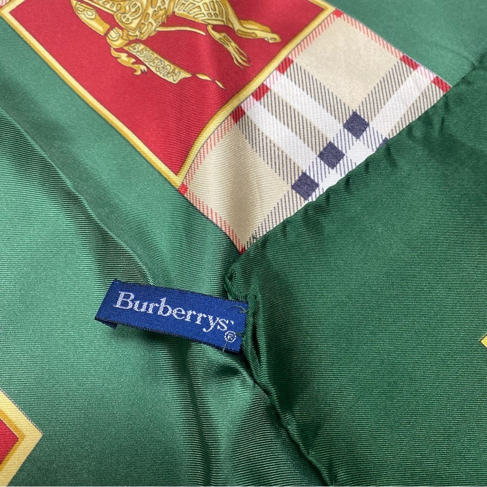 Vintage Burberrys London Silk Scarf Green Red Equestrian Prorsum Knight Logo - Picture 9 of 11